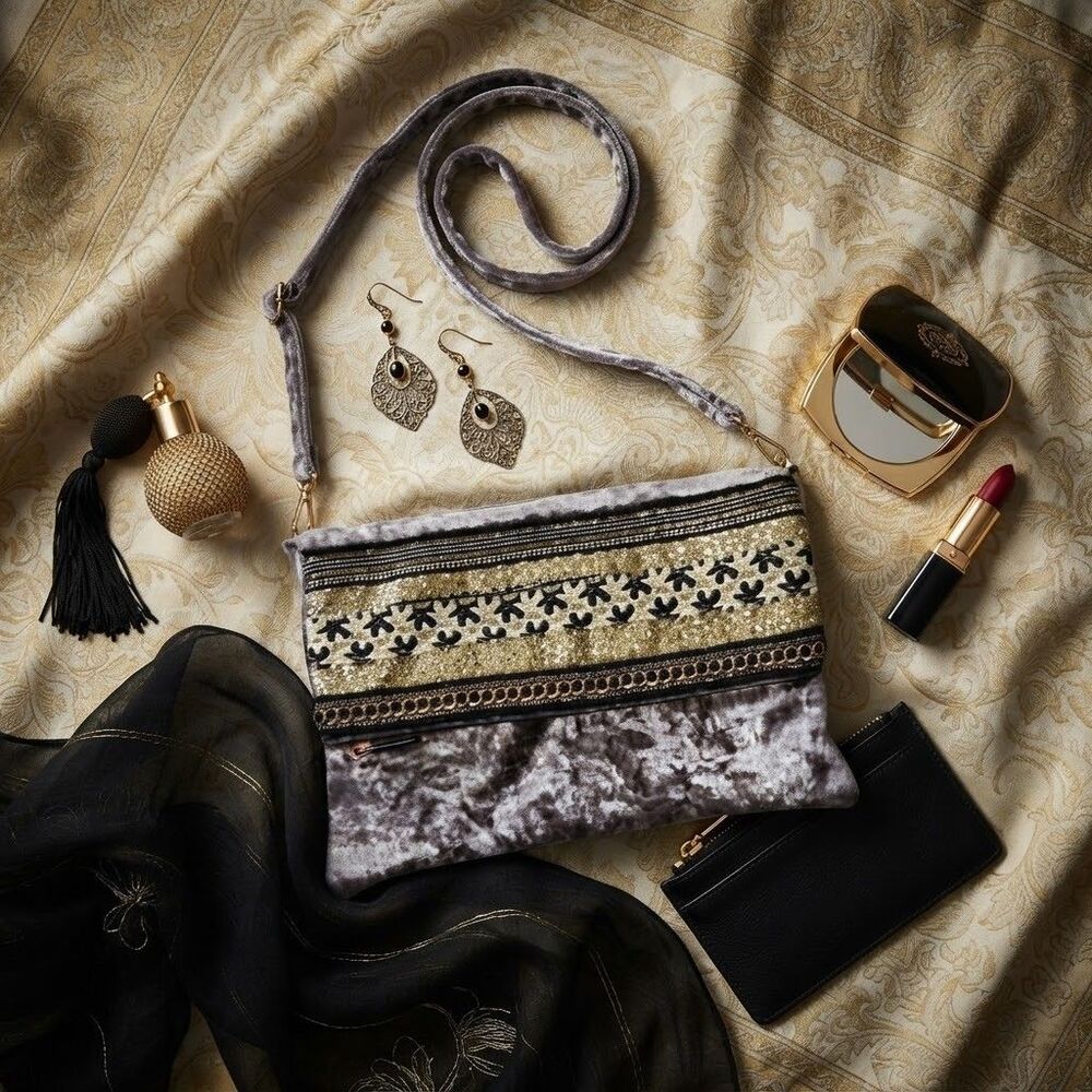 Boho Crushed Velvet Foldover Crossbody Bag Gold Glitter Trim Shoulder Purse Grey